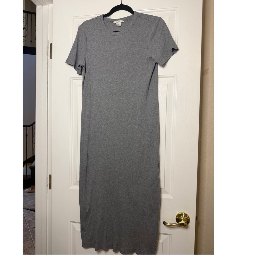 H&M Womens Gray Ribbed Short Sleeve Maxi Dress Side Slit Size M